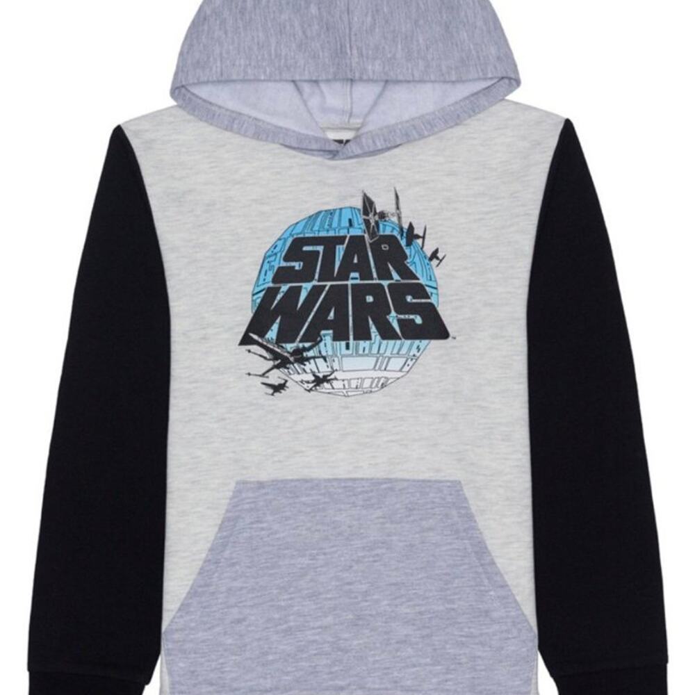Kids Star Wars Death Star spaceship color block sleeves pullover fleece SZ L NEW